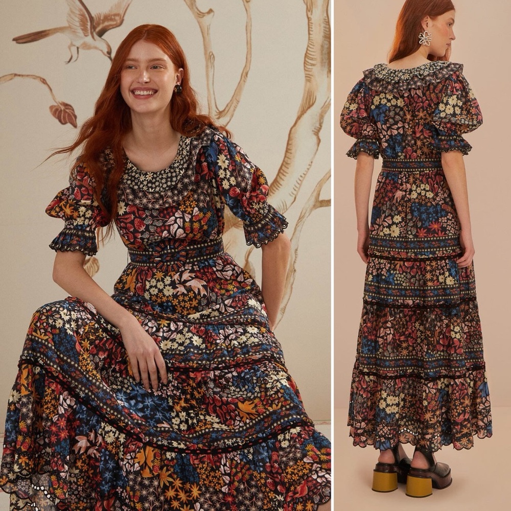 Farm Rio Black Jujus Garden Cotton Tiered Maxi Dress